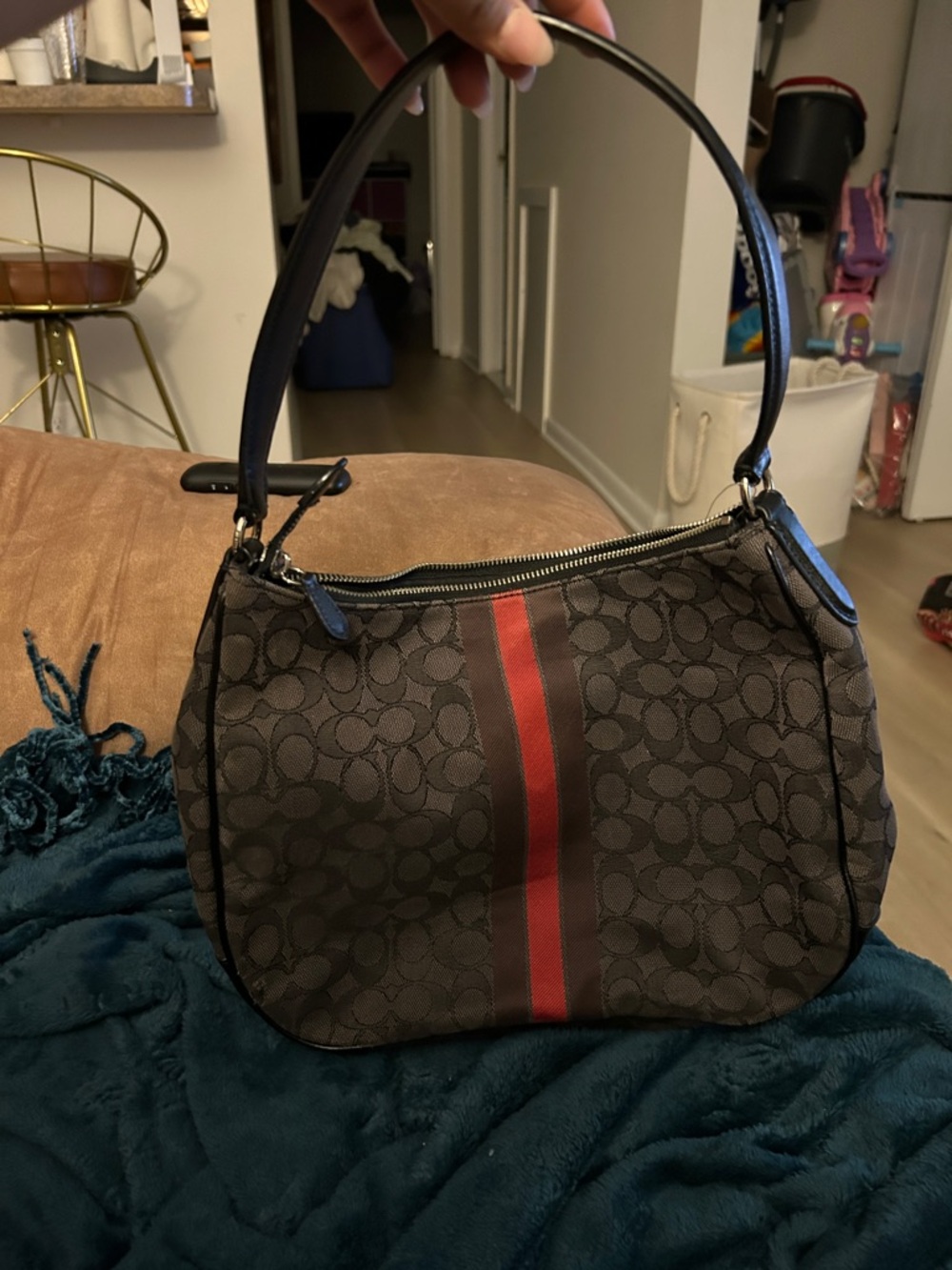 Coach Brown Signature Canvas Shoulder Bag with Red Stripe - Picture 2 of 3